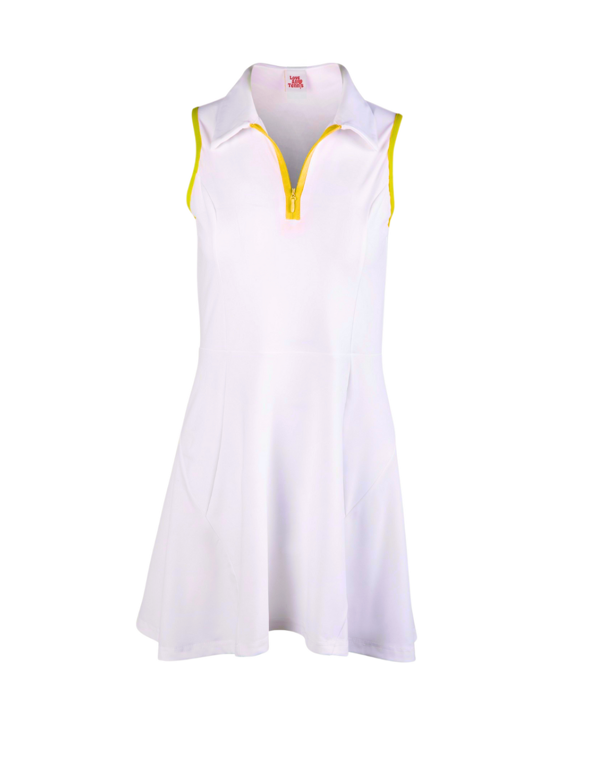 White sleeveless dress with yellow accents on a white background
