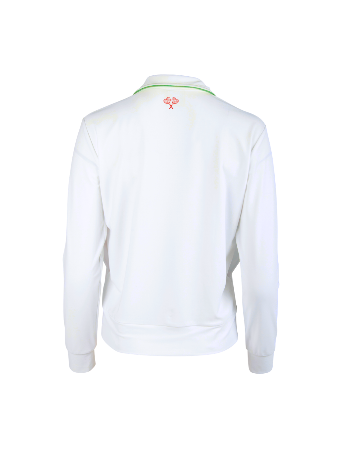 White jacket with a logo on the back against a white background
