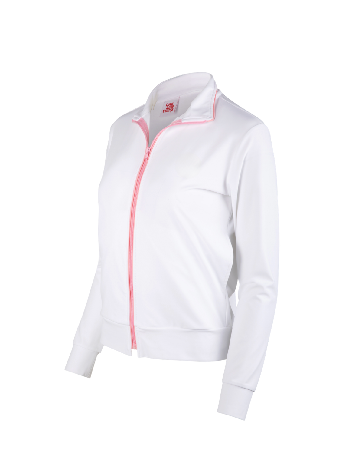 White jacket with pink zipper on a white background
