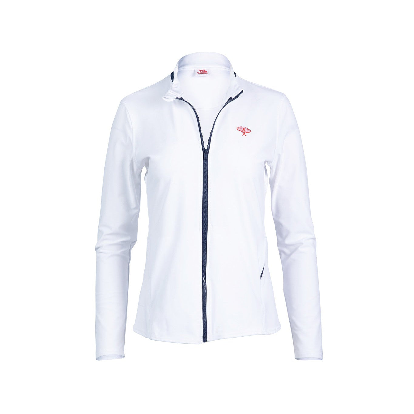 White jacket with a brand logo and navy piping on a white background