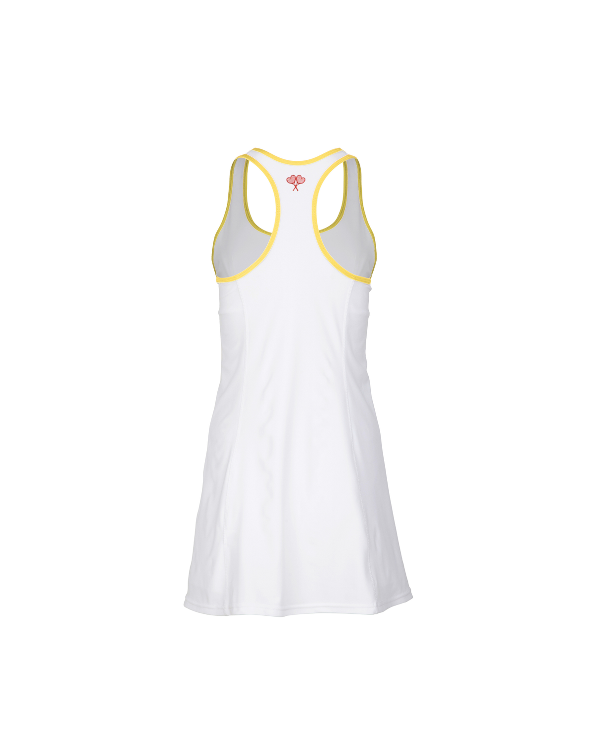 White dress with yellow trim on a white background