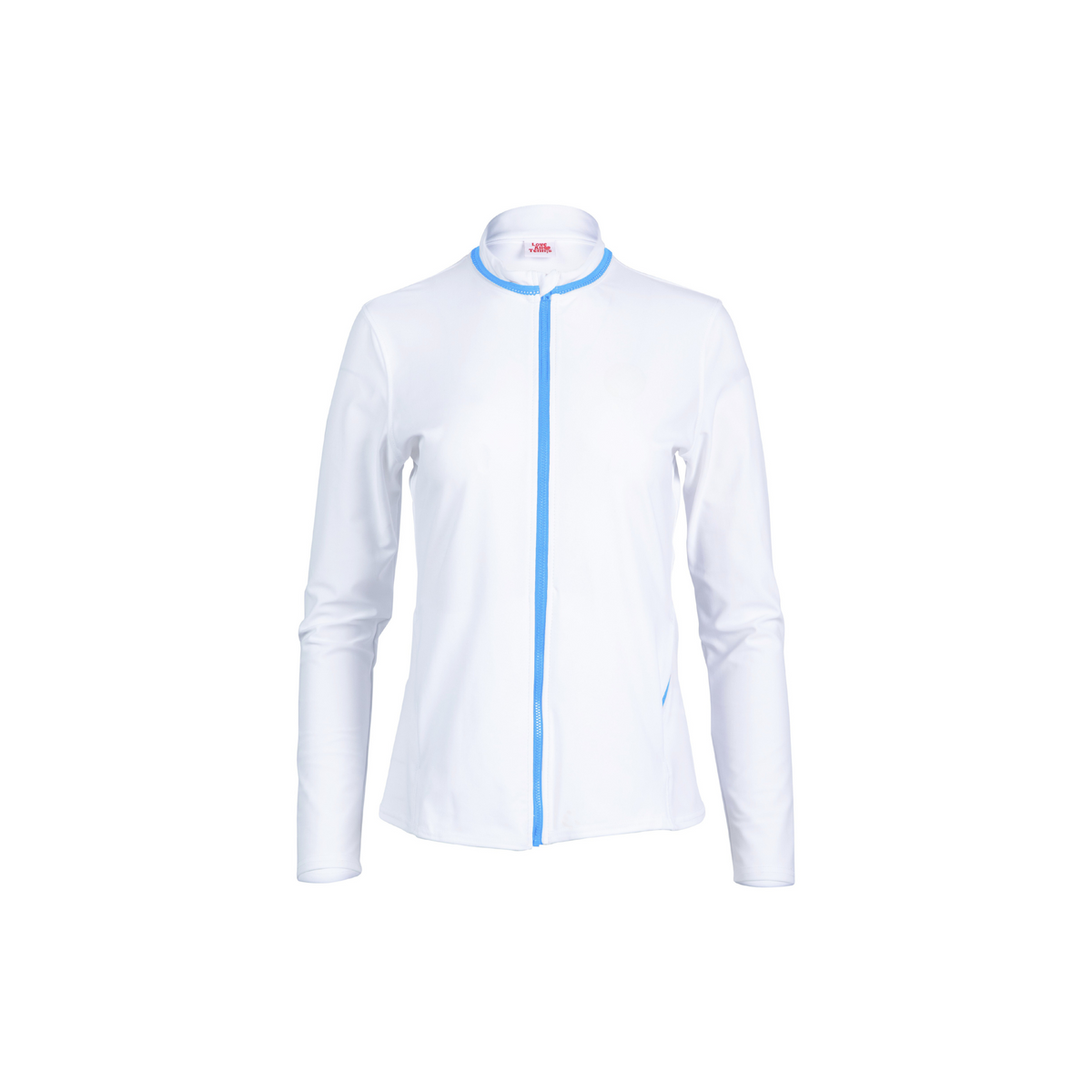 White jacket with a blue zipper on a white background
