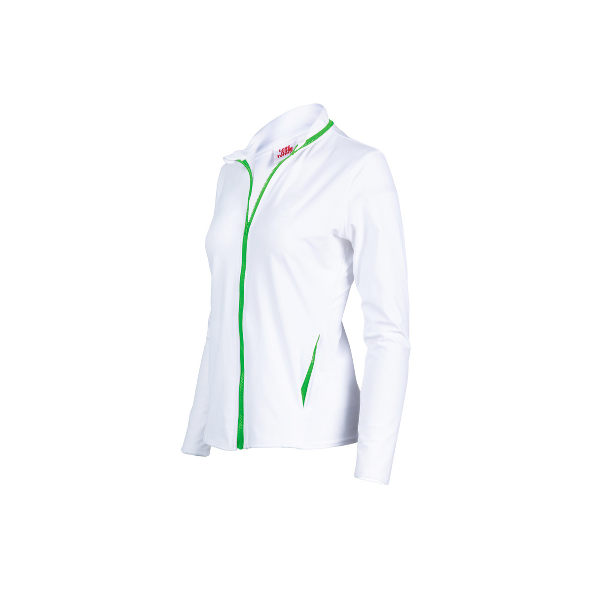 White jacket with green zipper on a white background