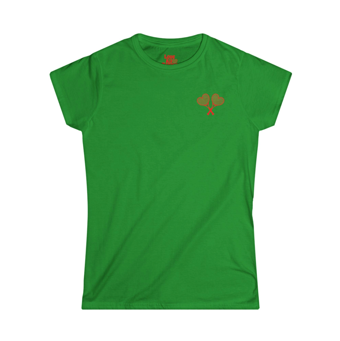 A white women's t-shirt with a red 'Love All Tennis' racquet logo print on the chest, displayed on a white background
