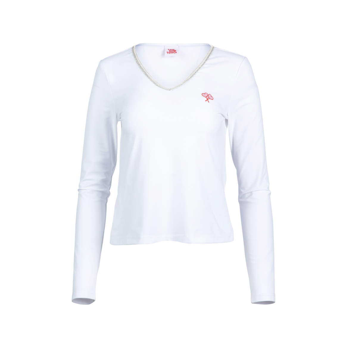 White long-sleeve shirt with a small logo on a white background