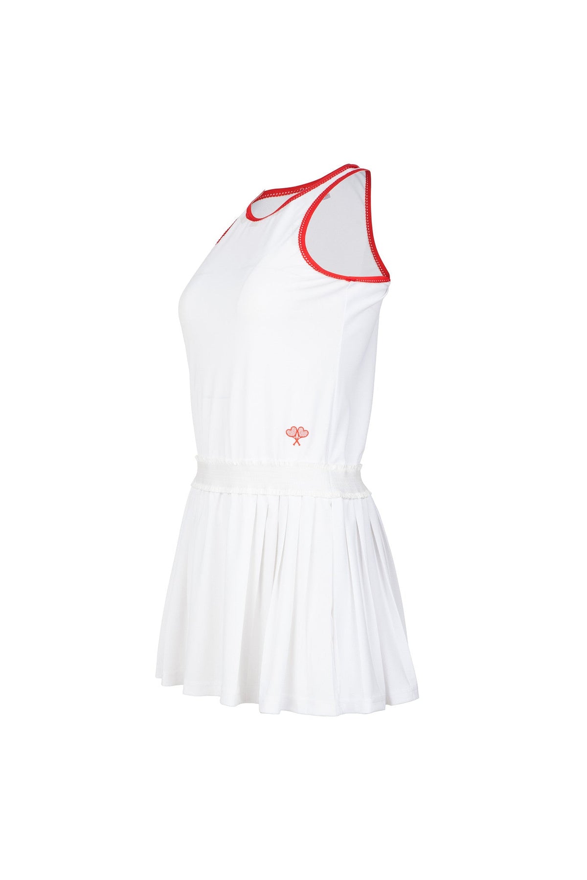 White dress with red accents on a white background