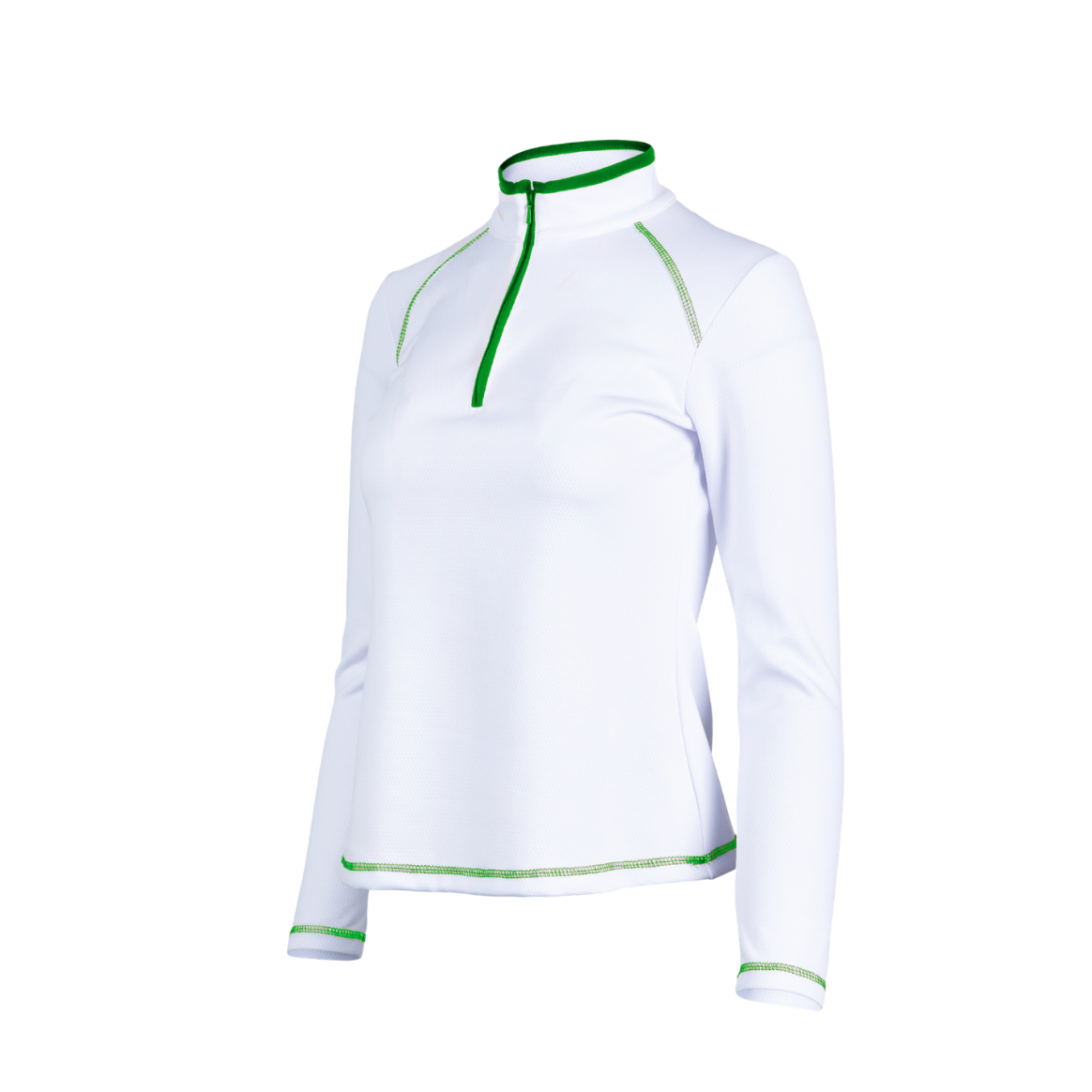 White long-sleeve shirt with green accents on a white background