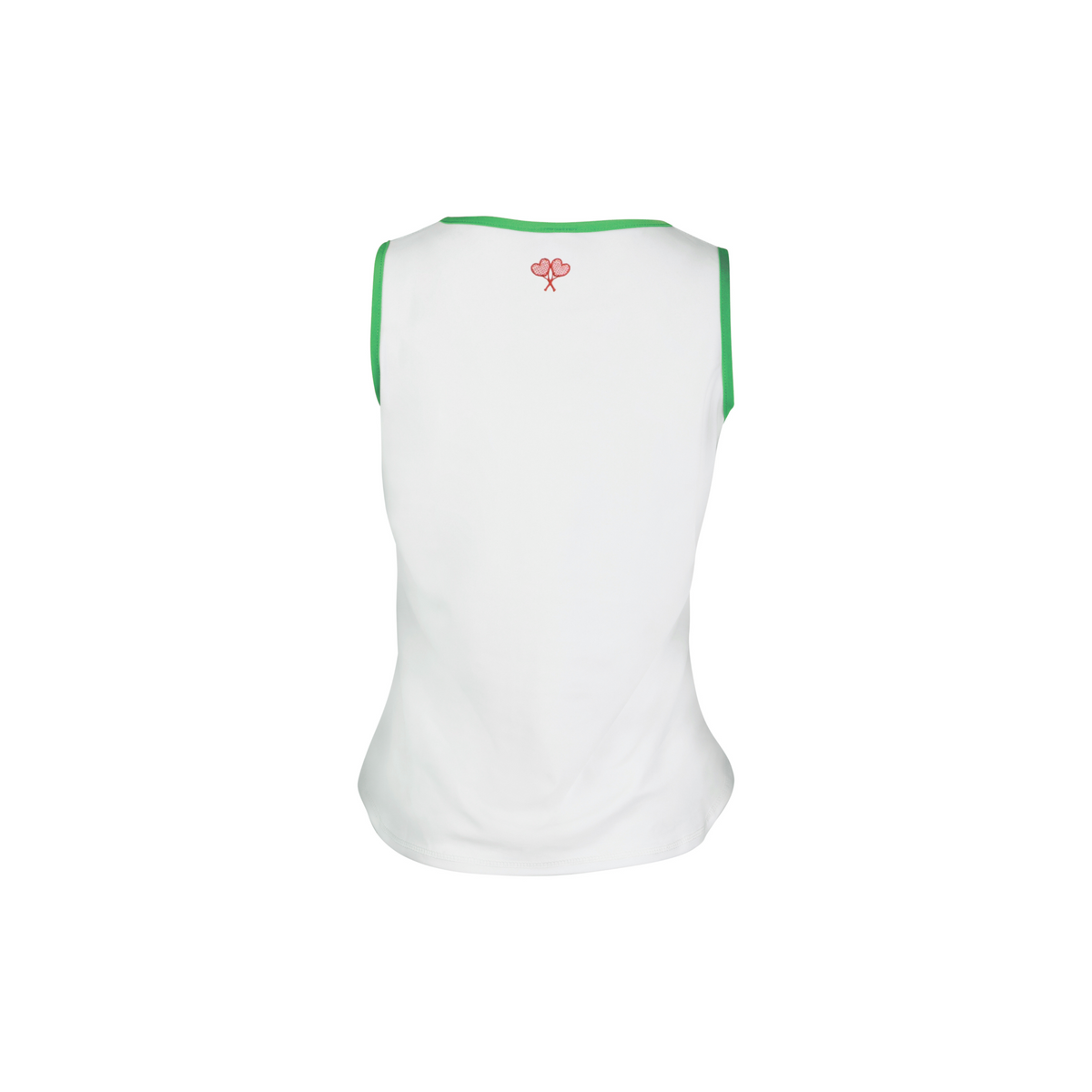 White sleeveless top with green trim on a white background