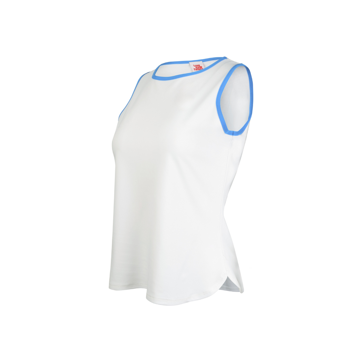 White sleeveless top with blue trim on a white background