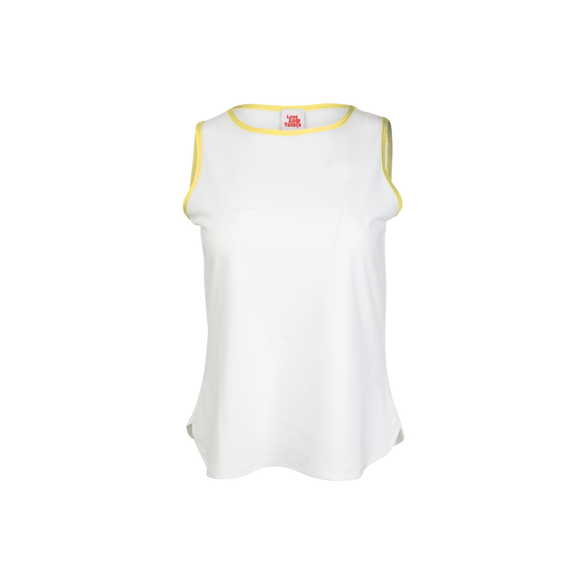 White sleeveless shirt with yellow trim on a white background