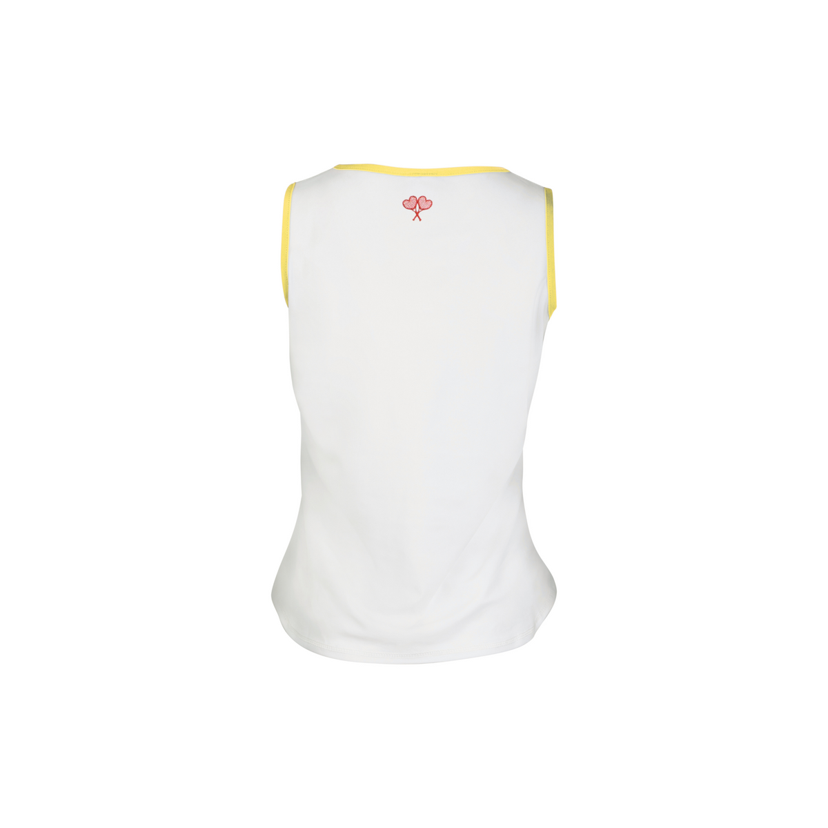 White sleeveless top with yellow trim on a white background