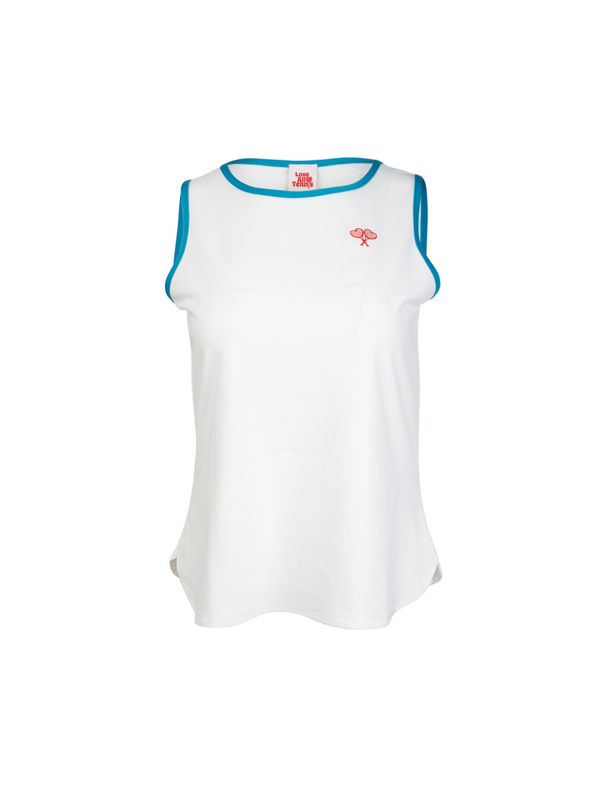 White sleeveless top with blue trim on a white background