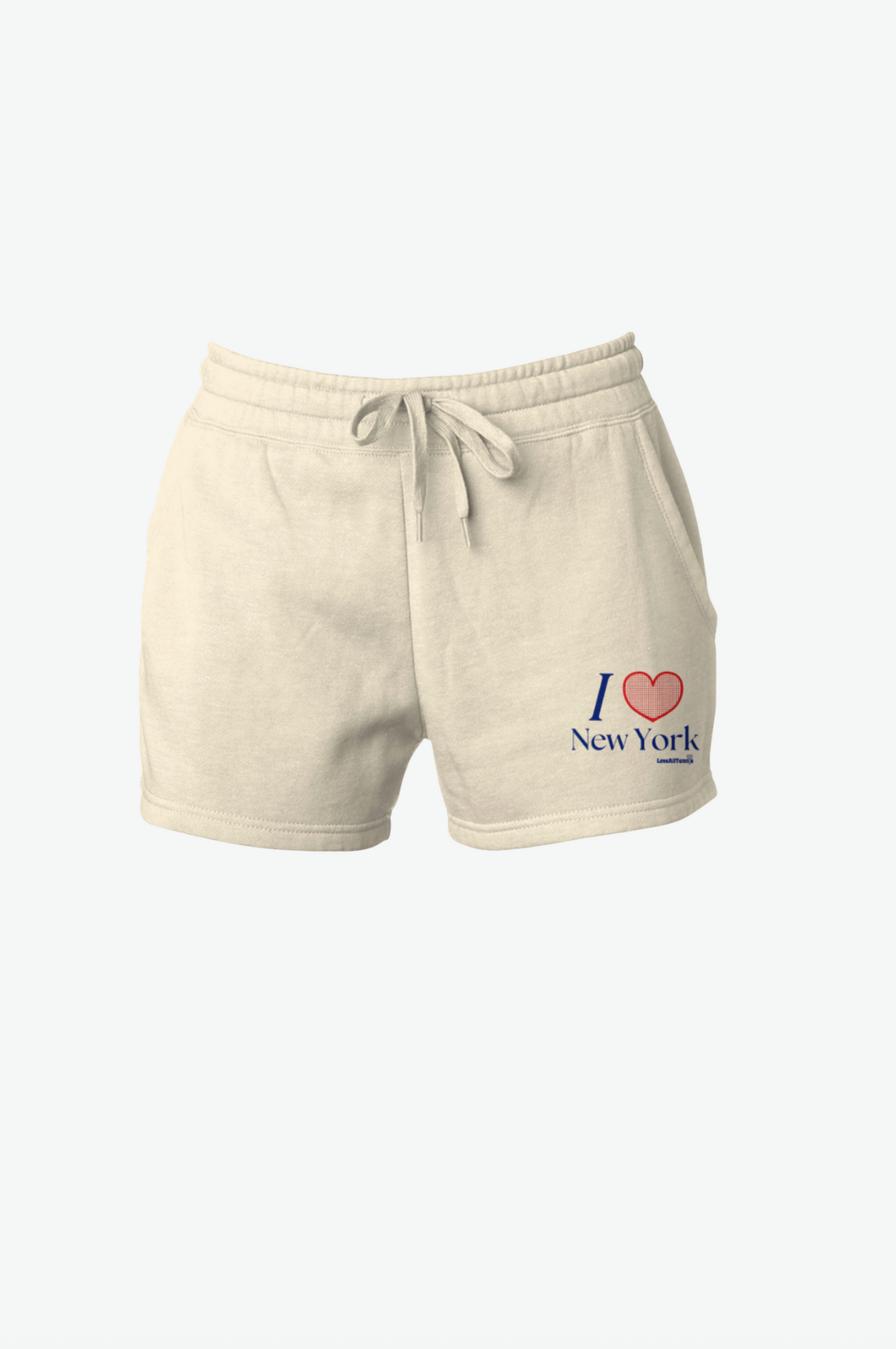 Beige shorts with 'I ❤️ New York' text on a white background
