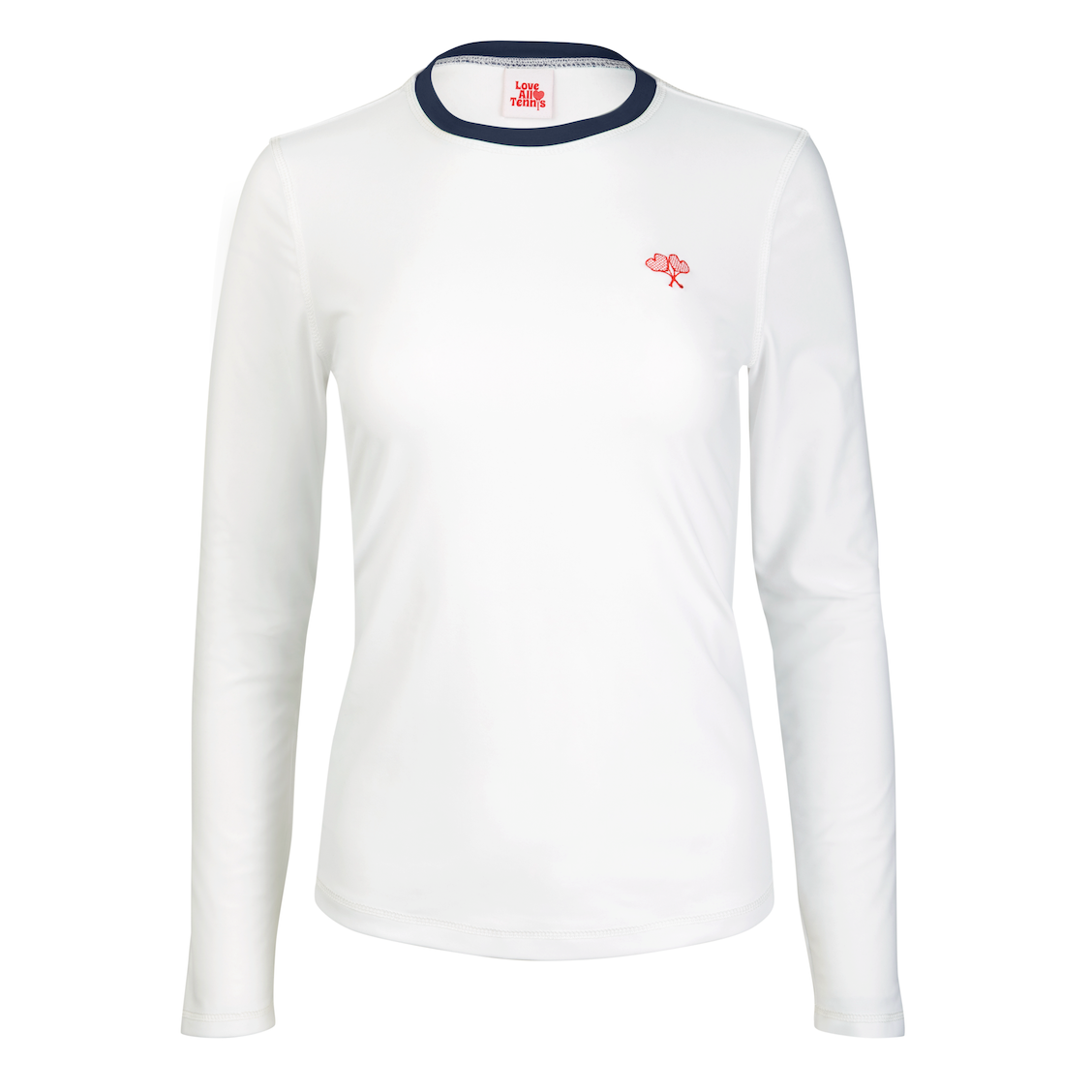 White long sleeve tennis top with navy collar piping on flat white background