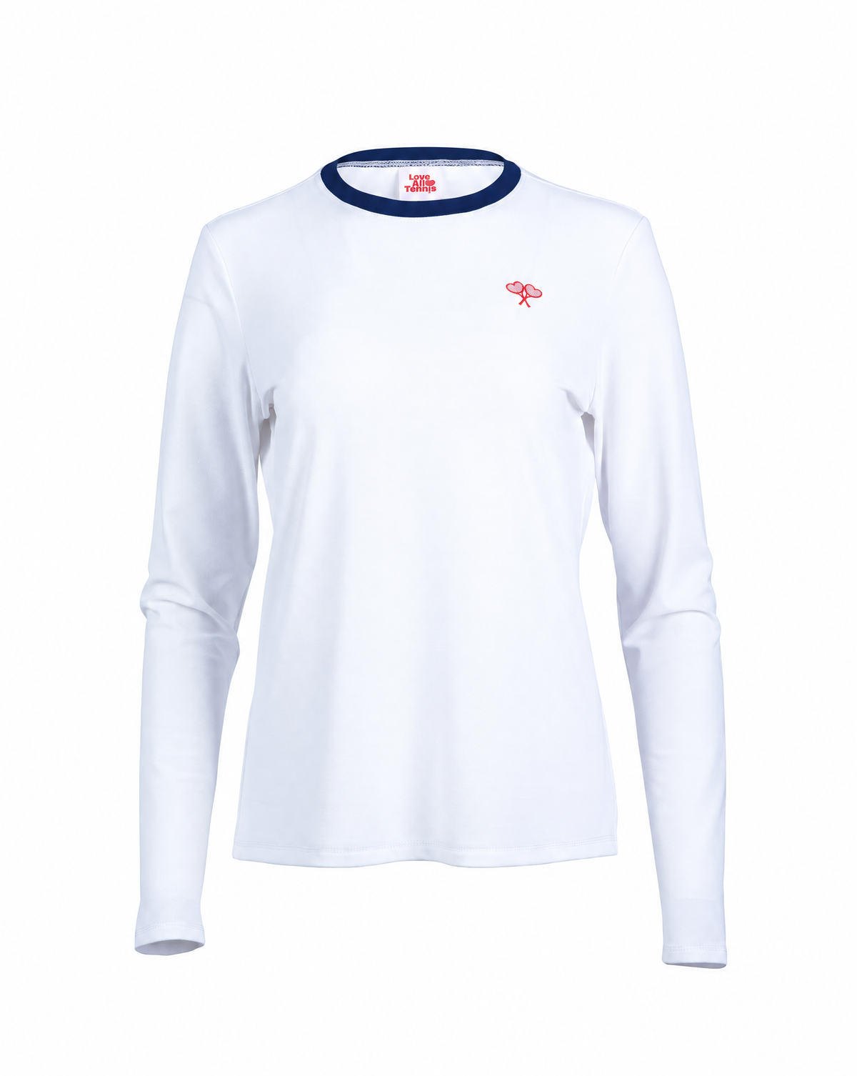 A white long-sleeve crewneck shirt with a navy blue collar trim and a small red logo on the left chest, displayed on a clean white background.