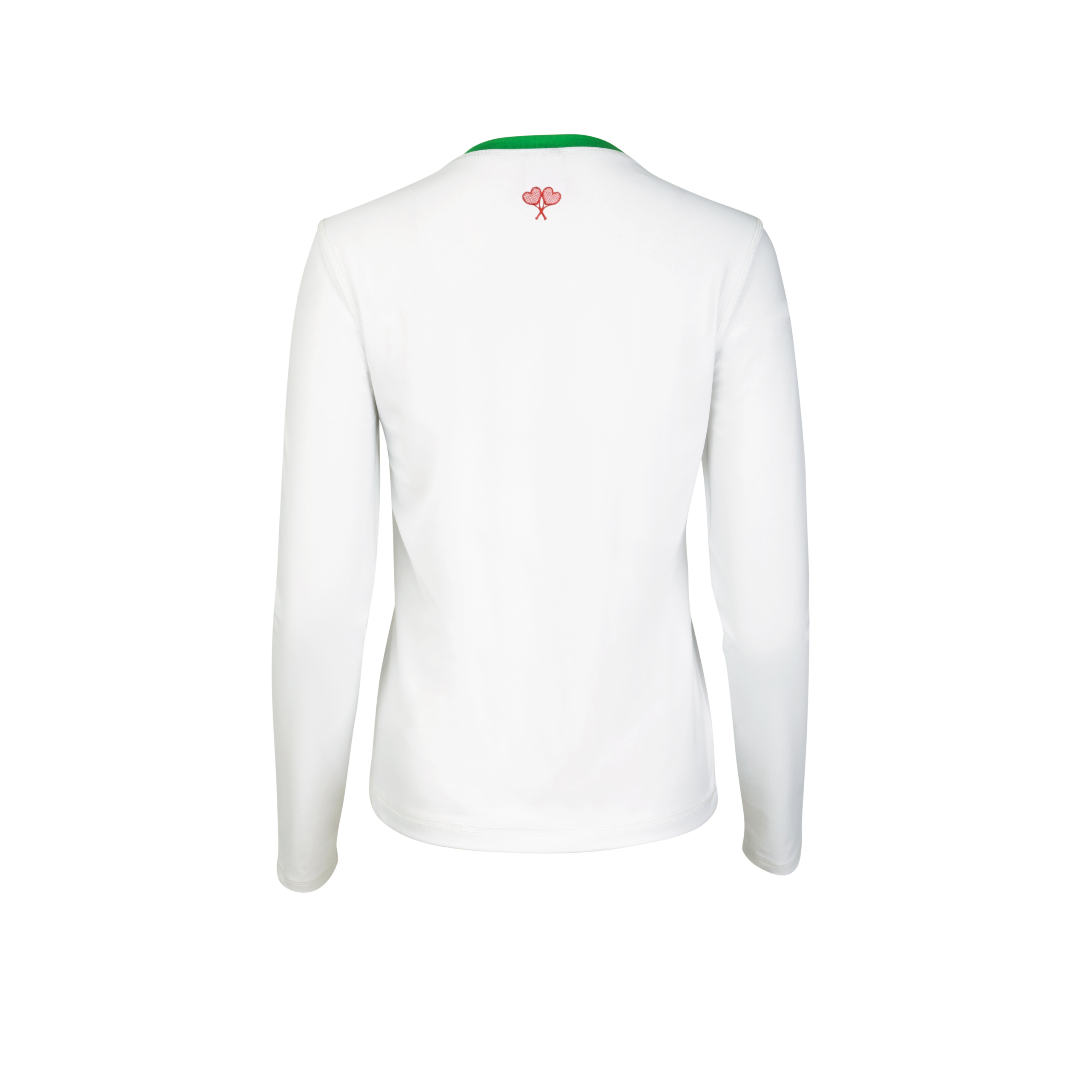 White long-sleeve shirt with a small logo on a white background