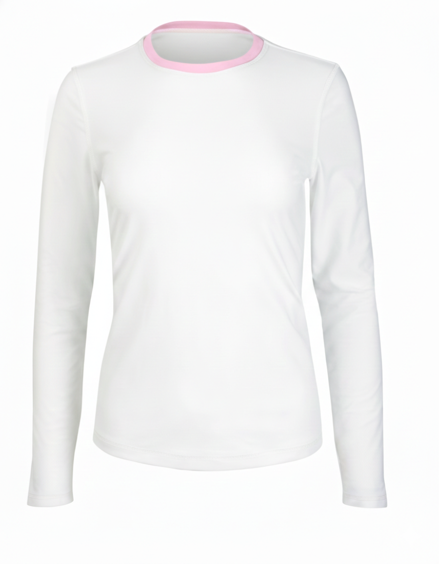 White long-sleeve shirt with pink trim on a white background