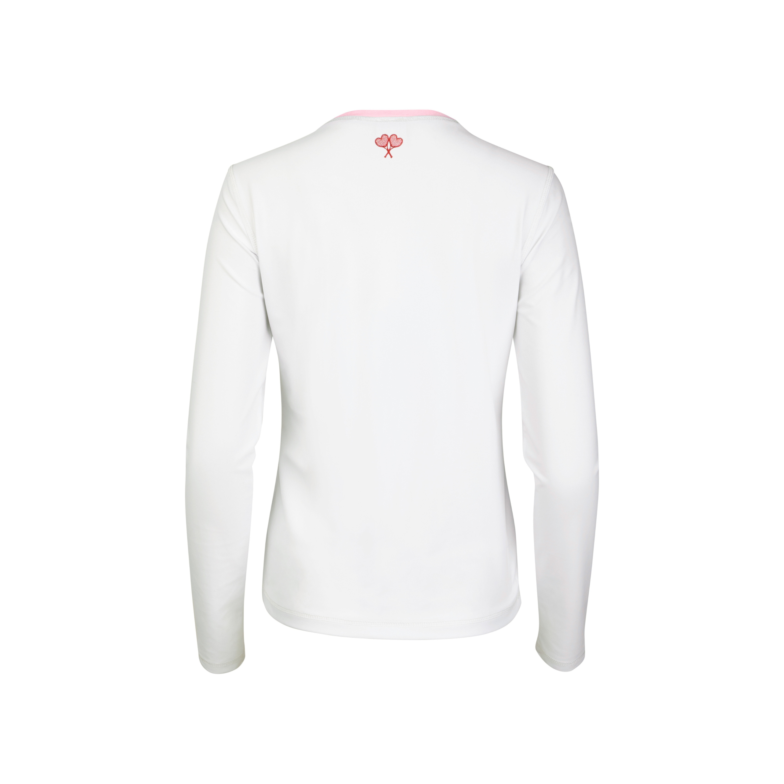 White long-sleeve shirt with a small red logo on the back against a white background