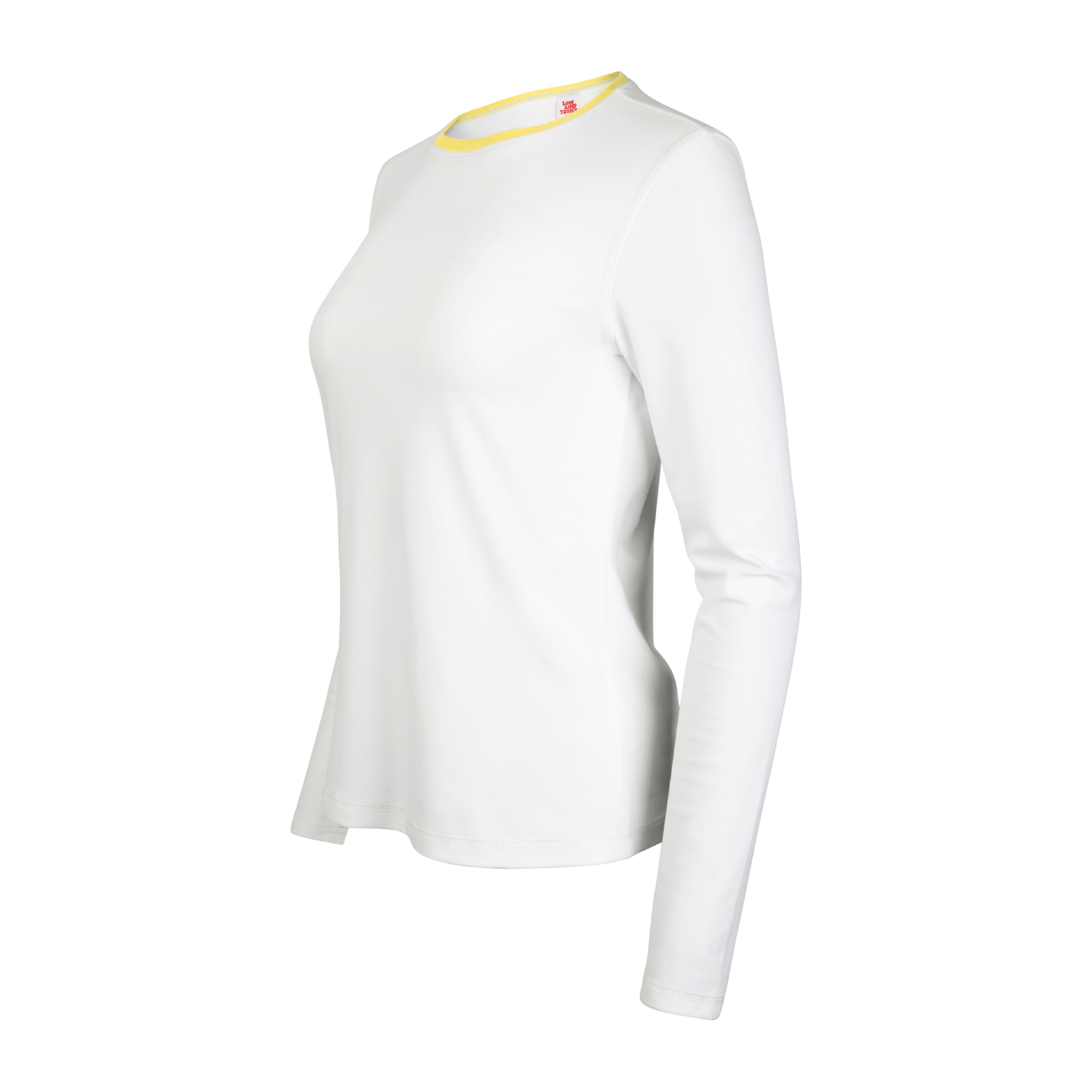 White long-sleeve shirt with yellow trim on a white background