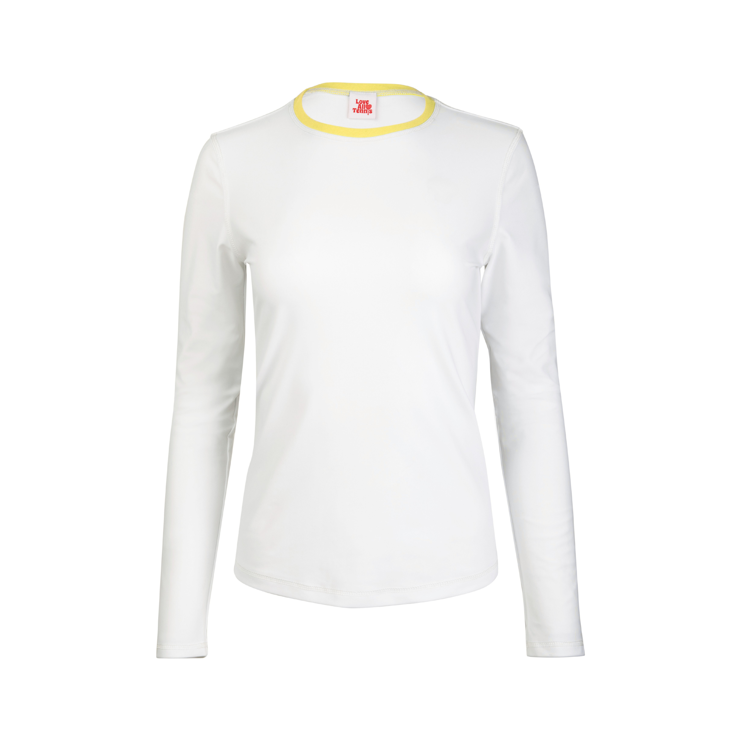 White long-sleeve shirt with yellow trim on a white background