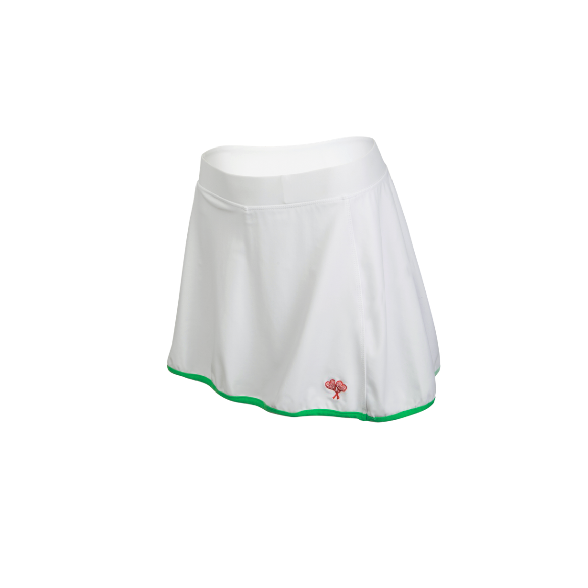 White tennis skirt with green trim on a white background