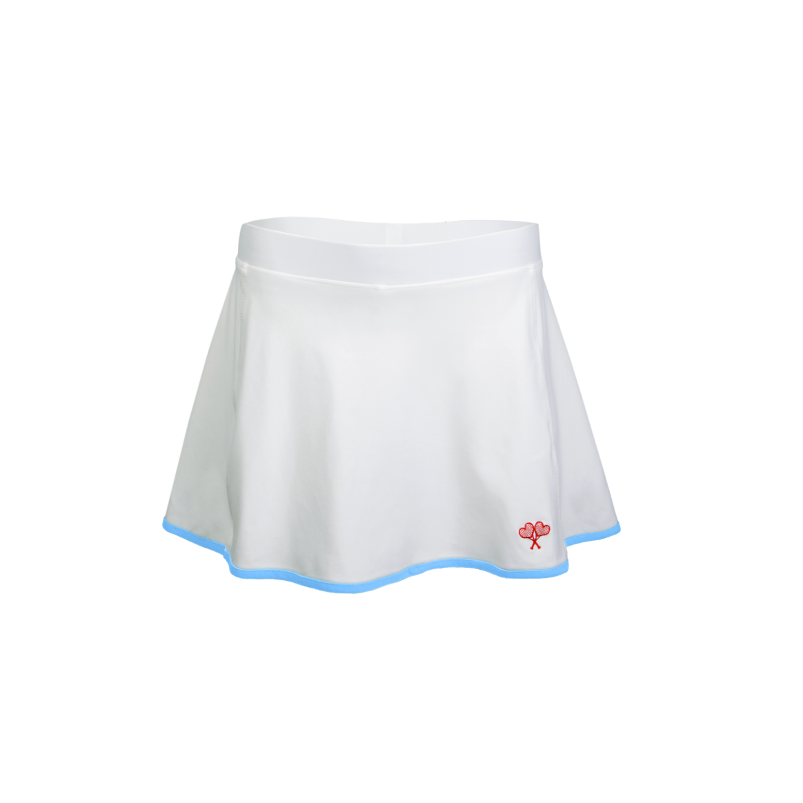White tennis skirt with a small logo on a white background