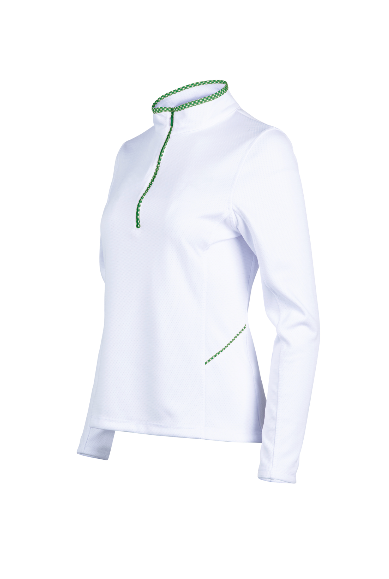 White long-sleeve shirt with green trim on a white background