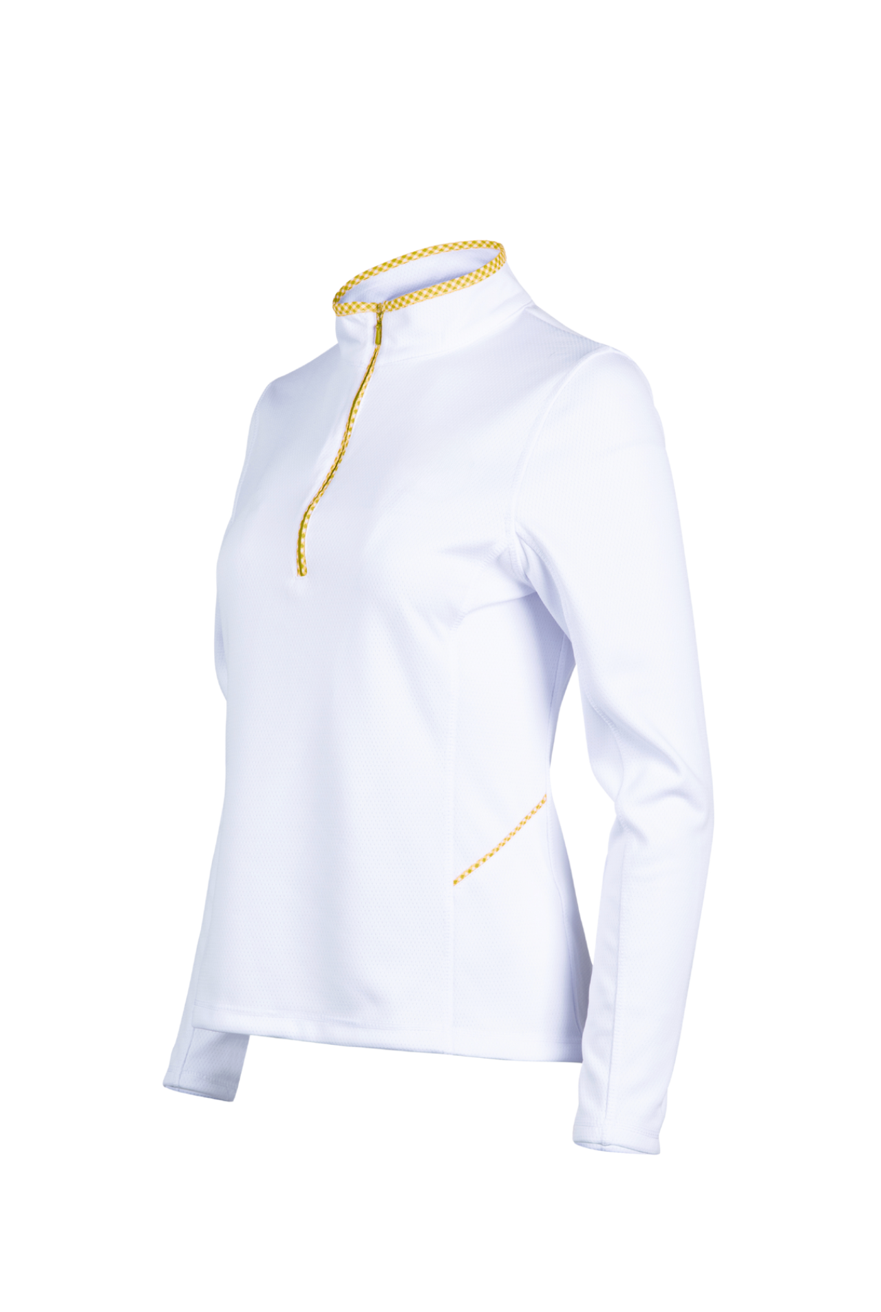 White long-sleeve shirt with yellow accents on a white background