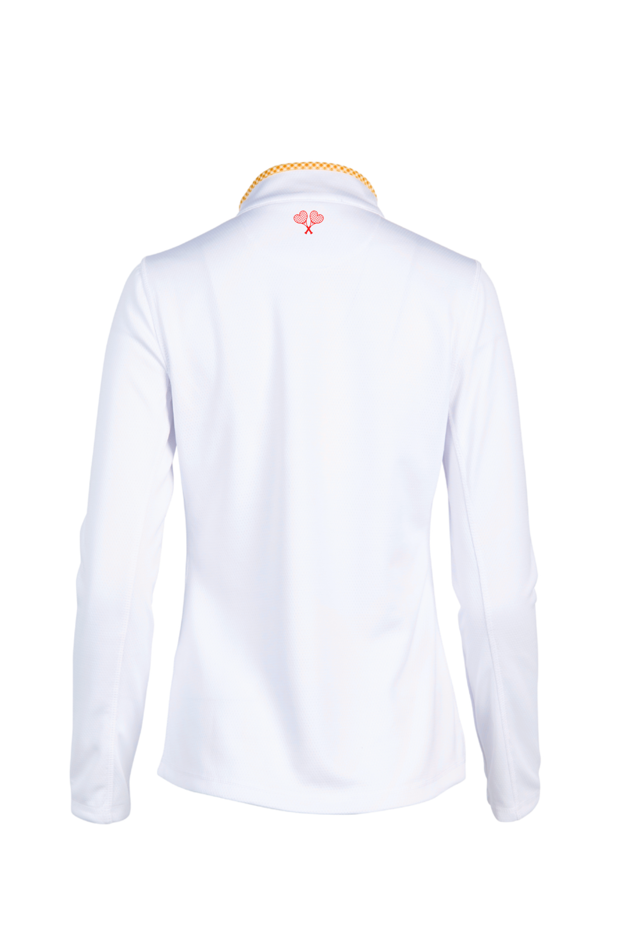 White long-sleeve shirt with a small logo on the back against a white background