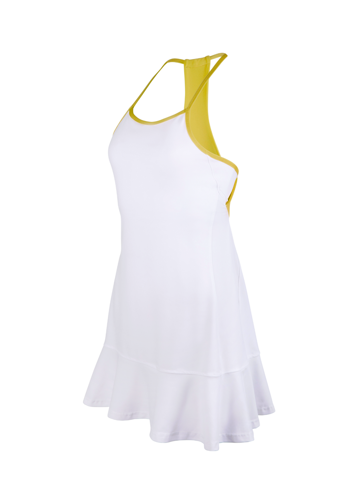 White dress with yellow straps on a white background