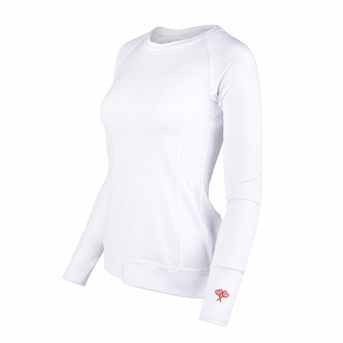 White long sleeve athletic top with red logo on the sleeve shown on a flat white background