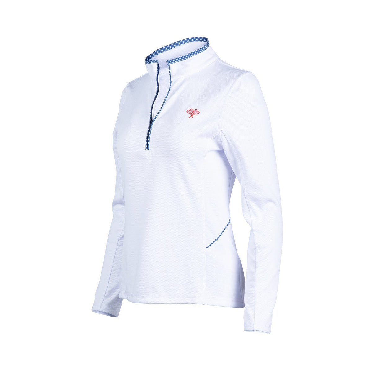 White long-sleeve shirt with blue trim on a white background