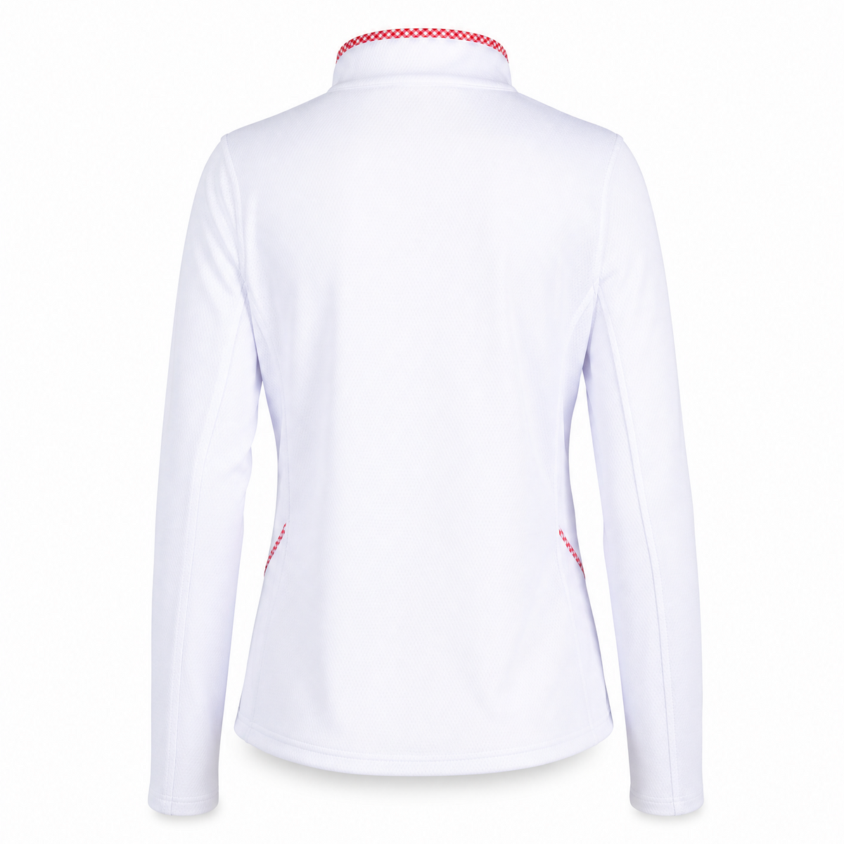 White long-sleeve athletic top shown from the back, featuring a high collar with red patterned trim and small red accent details near the lower sides.