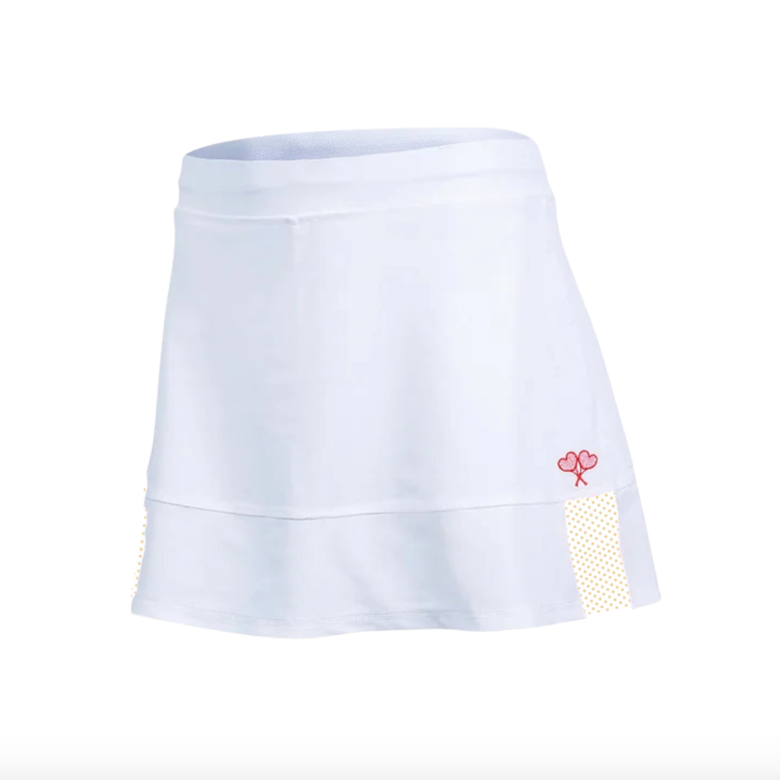 White skirt with a small pocket and decorative element on a white background