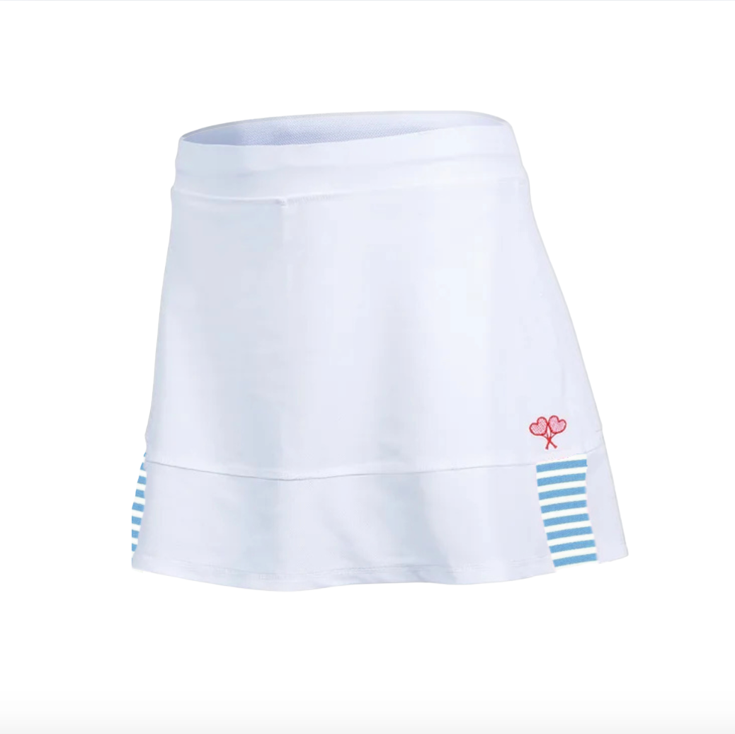 White tennis skirt with floral design and stripes on a white background