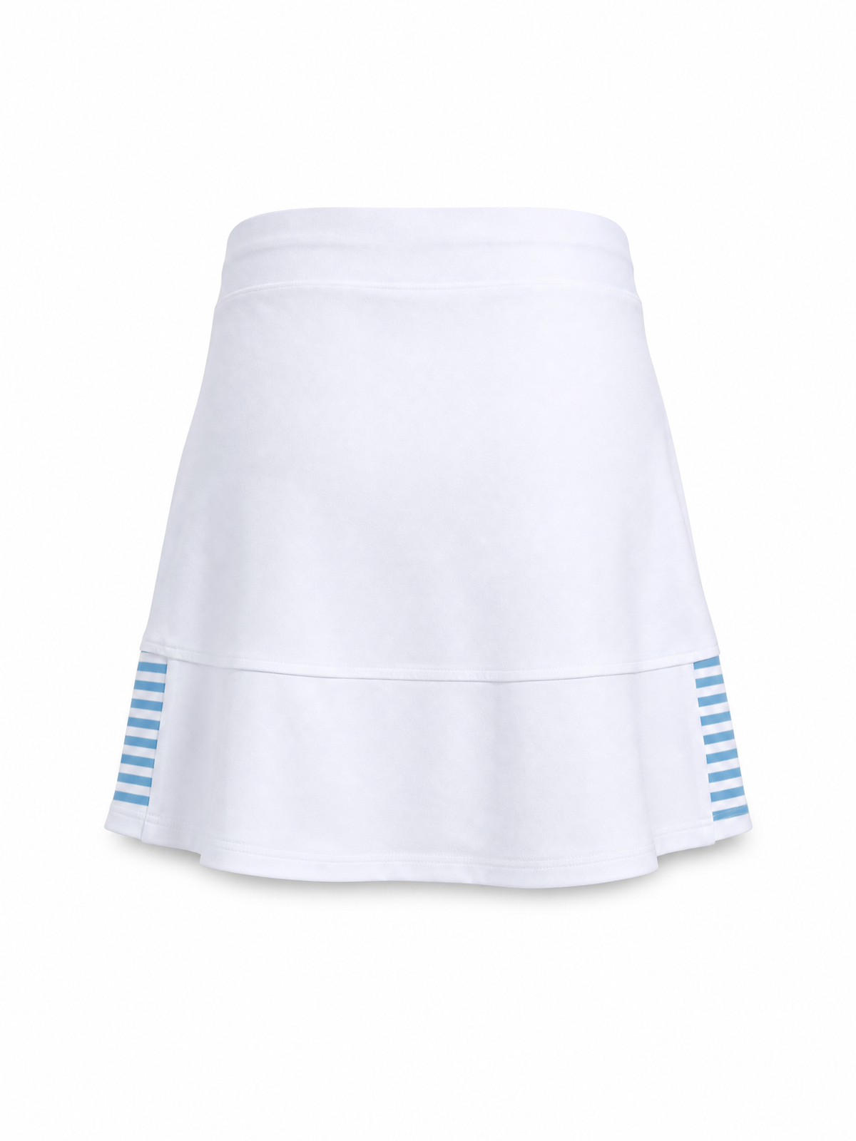 A white athletic tennis skirt with a flared silhouette, featuring light blue and white horizontal striped accents near the hem on both sides.