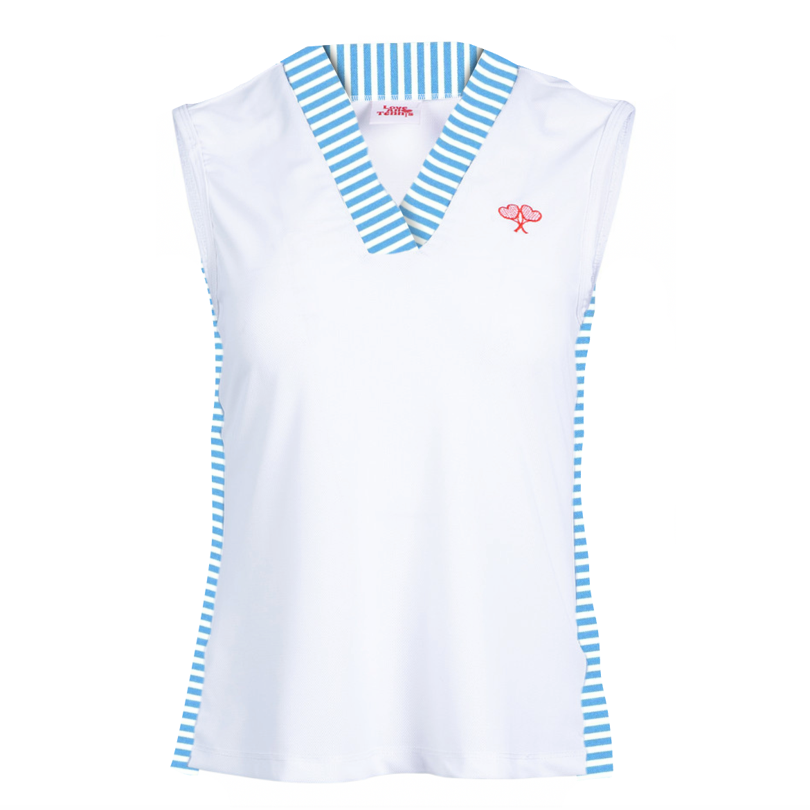 White sleeveless top with blue stripes on a white background