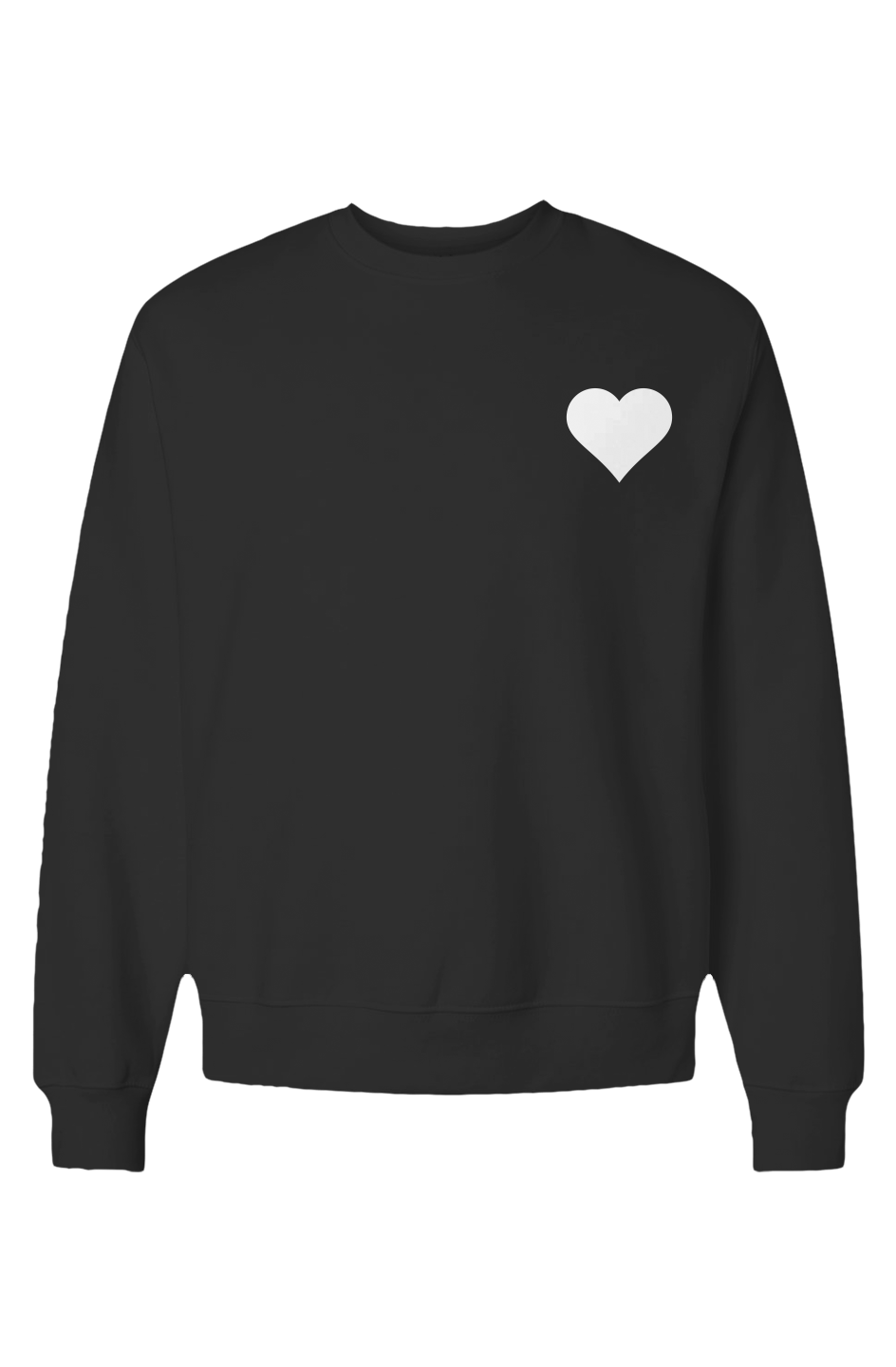 Black sweatshirt with a white heart on the chest against a white background