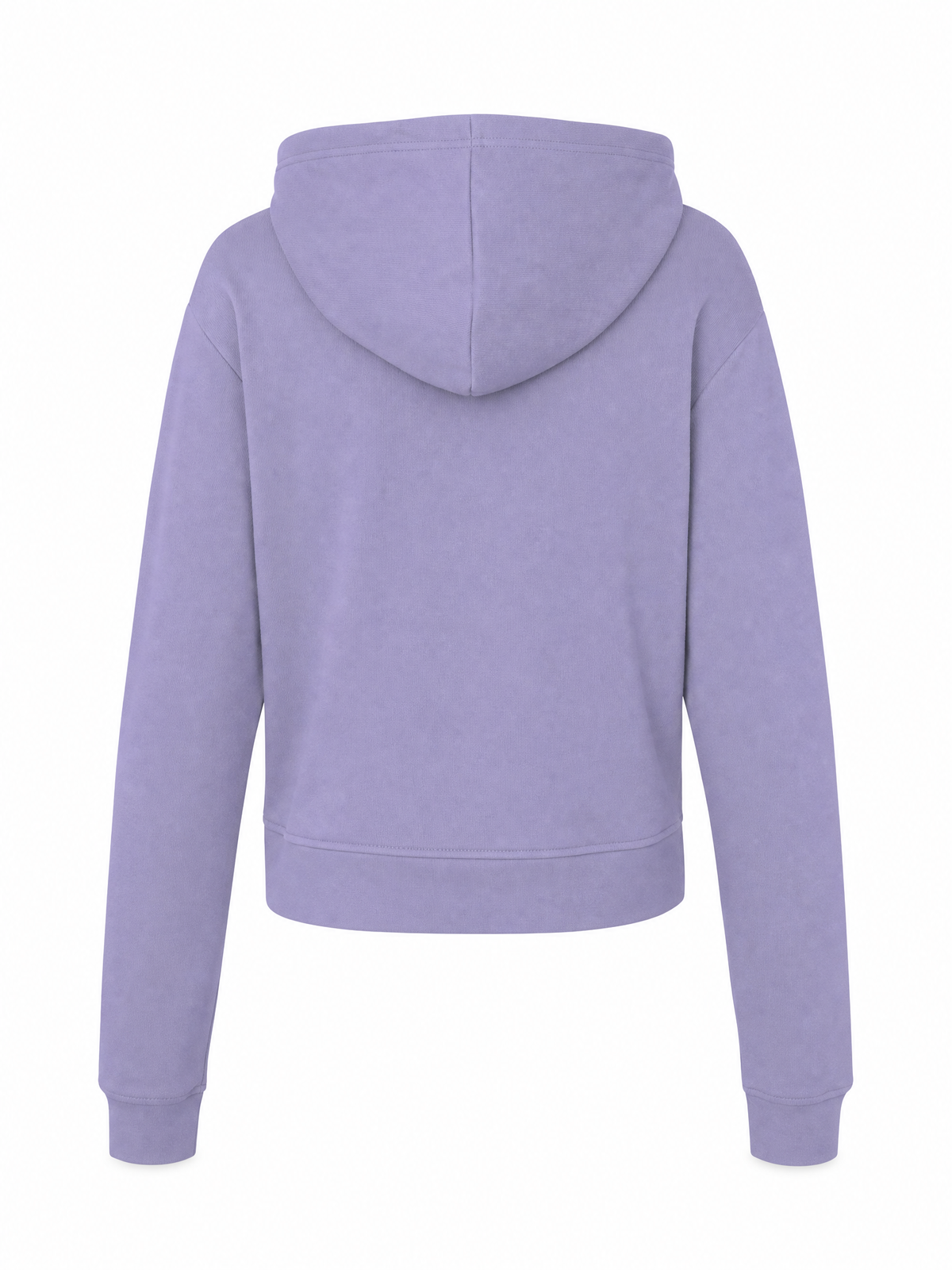 A light purple cropped hoodie shown from the back, featuring a simple center seam and ribbed cuffs and hem, displayed on a solid white background.
