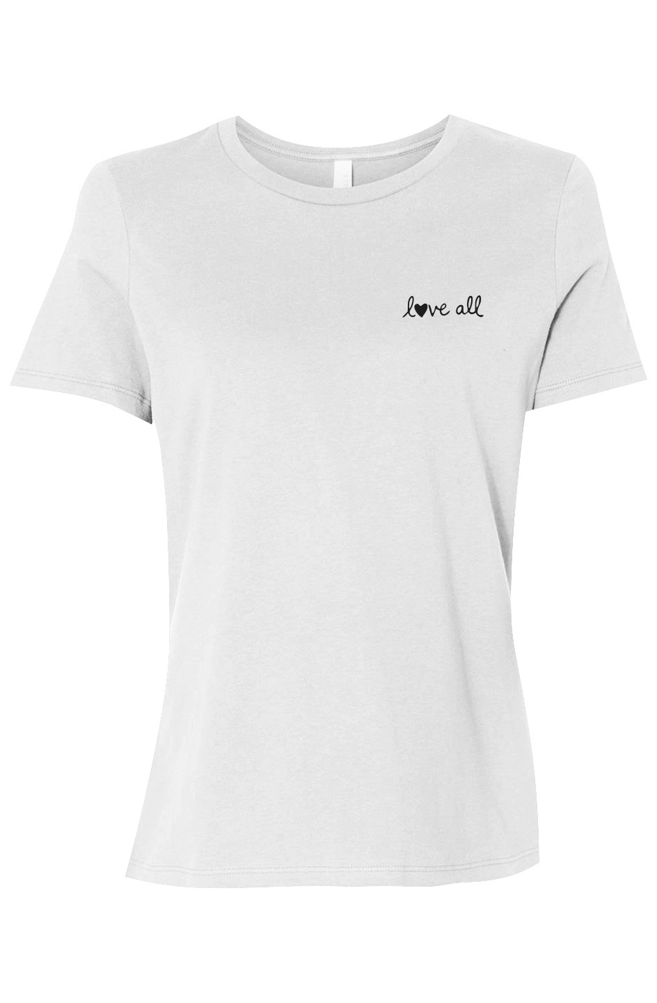 White t-shirt with 'love all' text on a white background