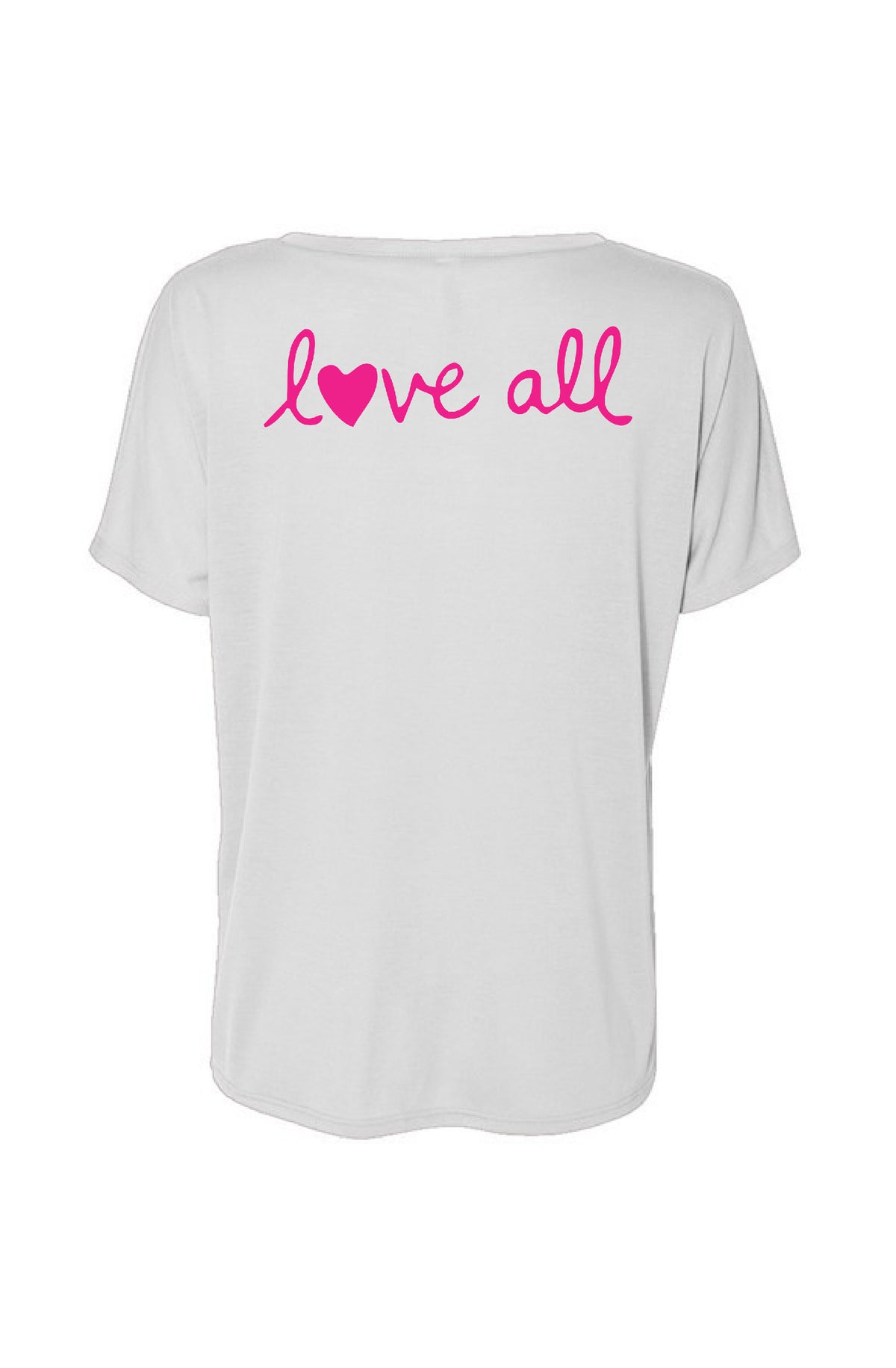 White t-shirt with 'love all' text in pink on a white background