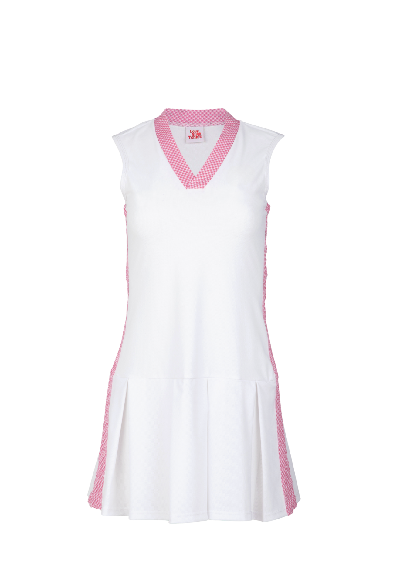 White sleeveless dress with pink accents on a white background