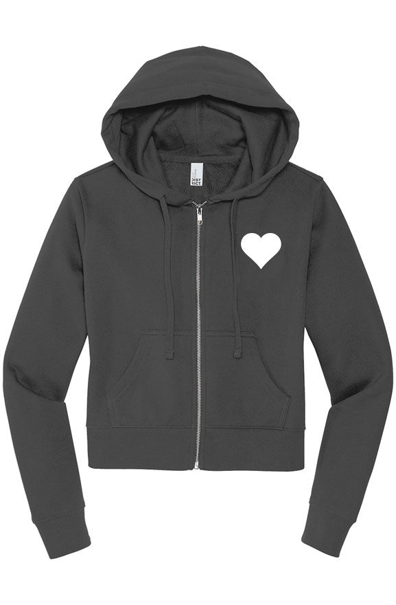 Black zip hoodie with heart logo on flat white background