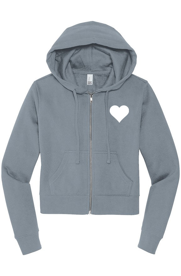 Gray hoodie with a white heart design on a white background
