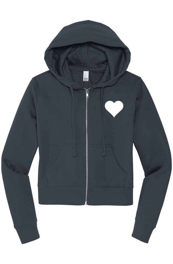 Navy zip hoodie with heart logo on white background