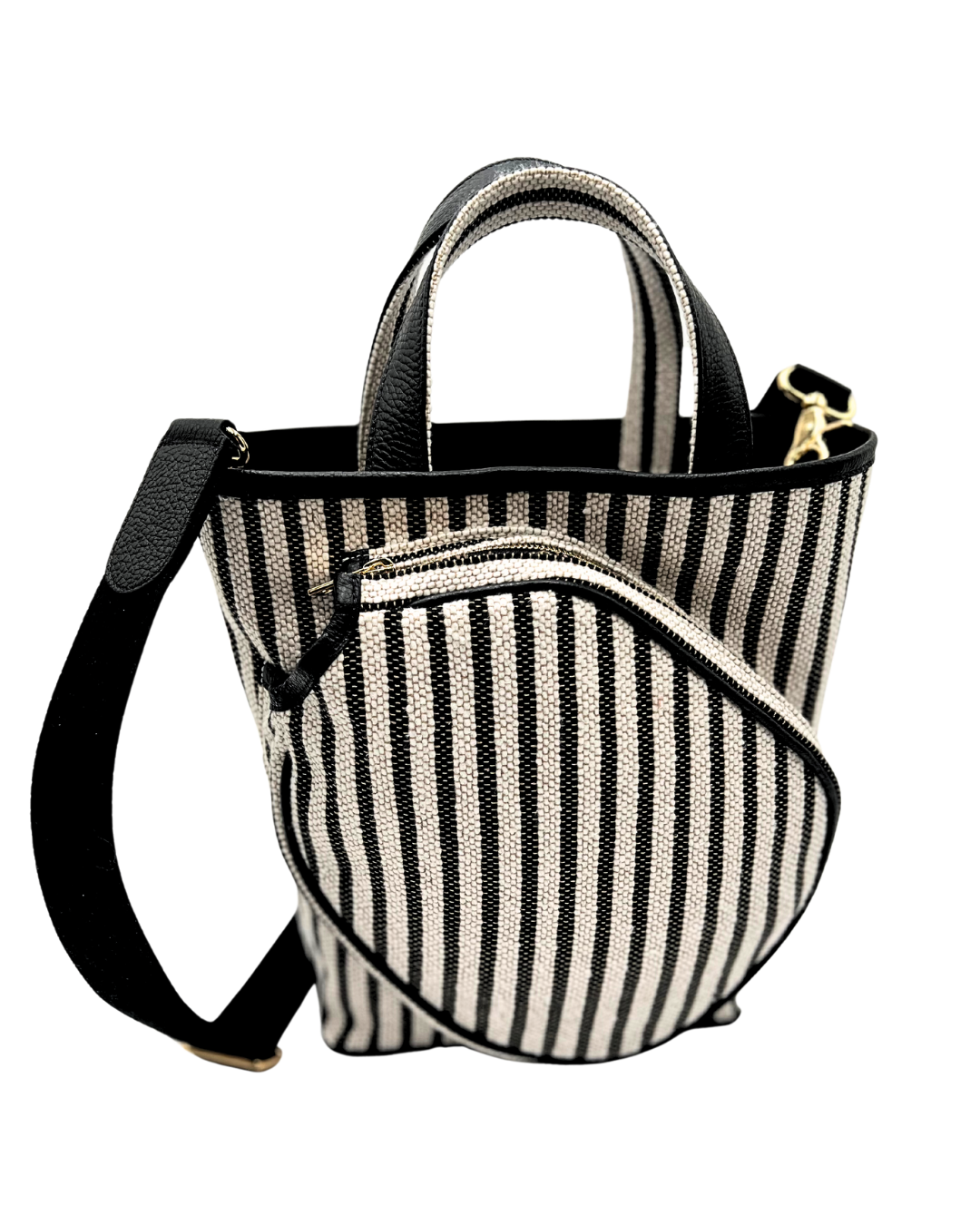 A black and white vertically striped bucket bag with black faux-leather handles and a matching shoulder strap, shown on a plain white background.