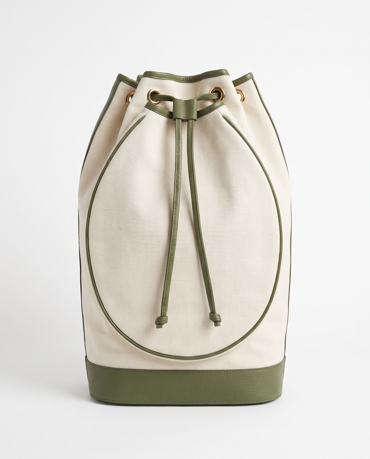 An off-white canvas bucket bag with olive green leather trim, drawstring, and base, shown against a plain white background.