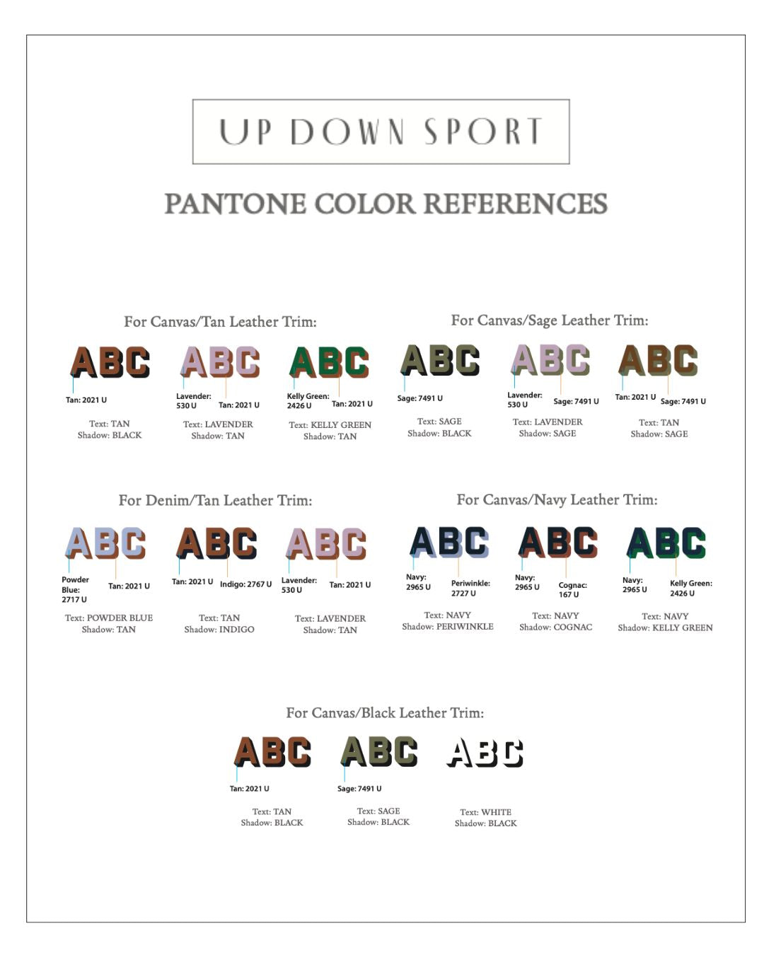 A Pantone color reference chart titled 'UP DOWN SPORT PANTONE COLOR REFERENCES' showing multiple leather trim color samples labeled with brands and shade names such as Canvas, Tan, Sage, Navy, and Black.
