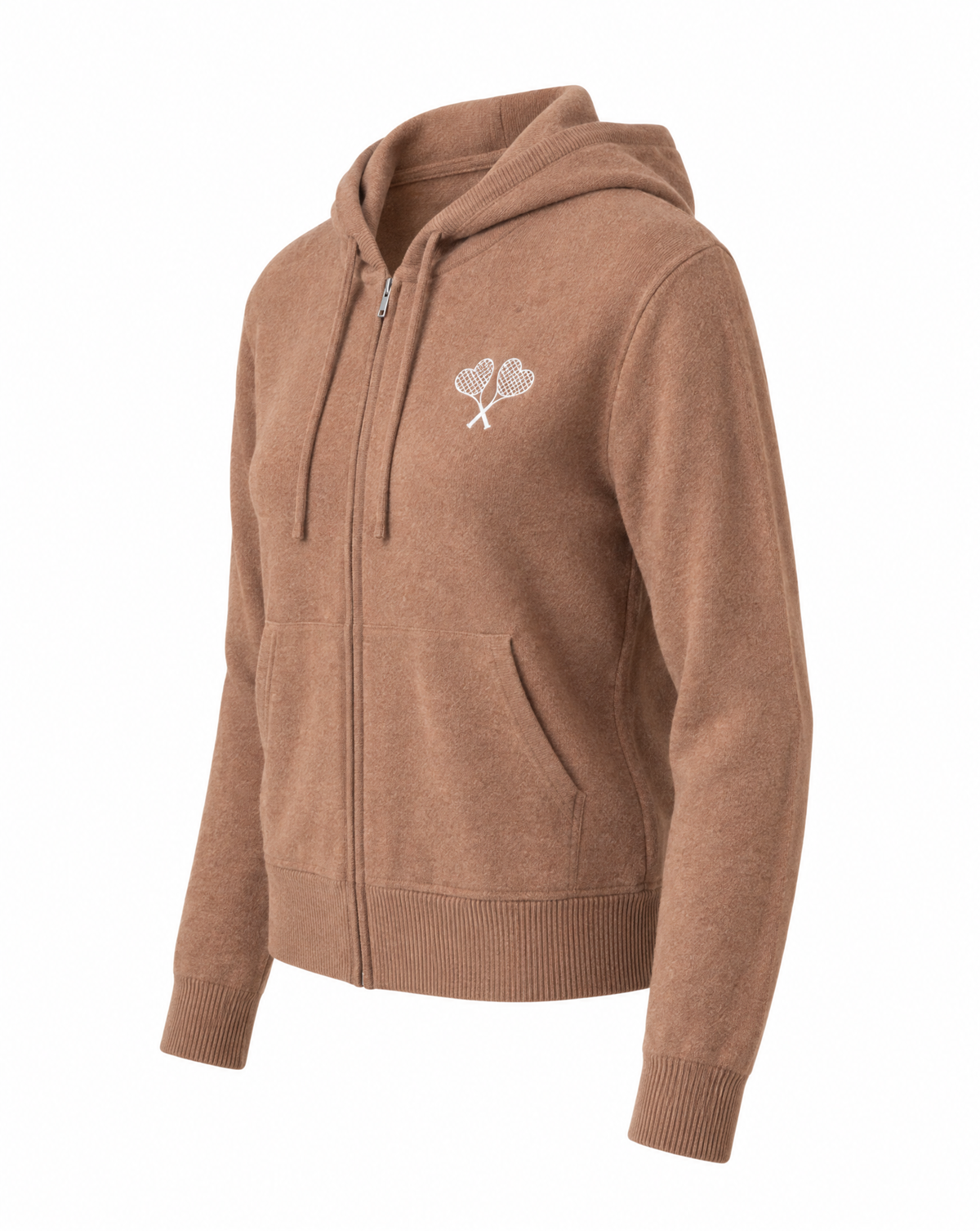 A brown zip-up hoodie with a small white embroidered crossed laces logo on the left chest, displayed on a clean white background.