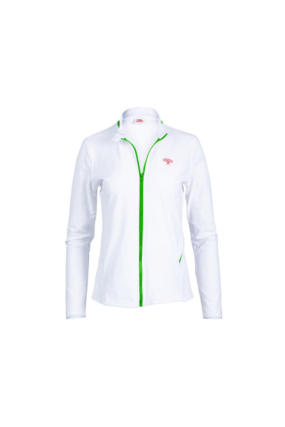 White jacket with green zipper on a white background